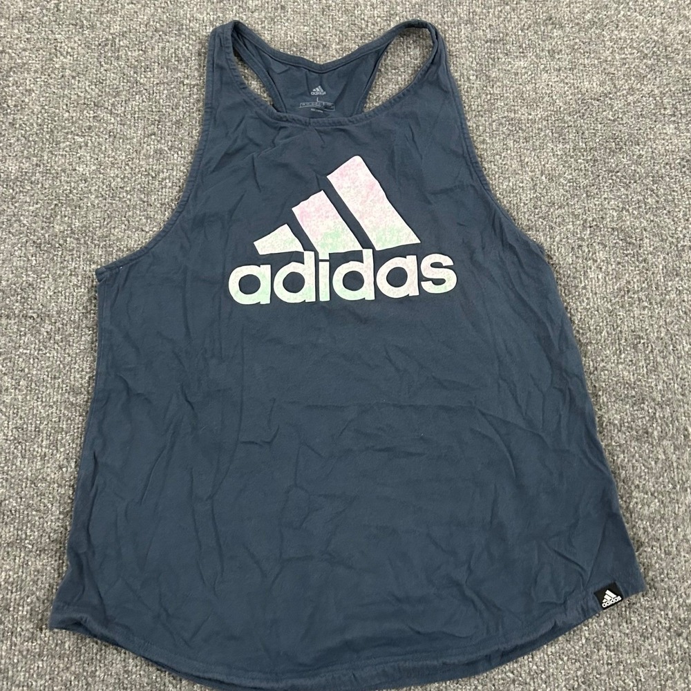 Adidas Tank Top Womens Size L Navy Blue Iridescent Logo Racerback Athletic